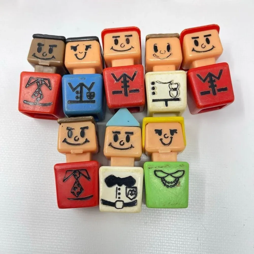 Vintage Playskool 1974 Blockhead Square Little People Familiar Places Lot 23 Pcs
